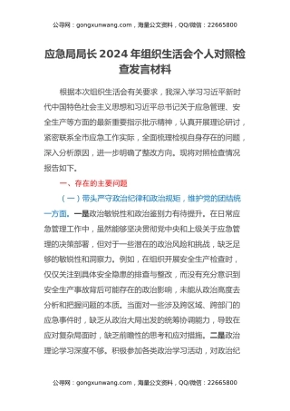 应急局局长2024年组织生活会个人对照检查发言材料