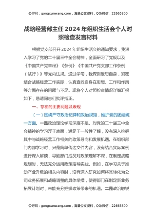 战略经营部主任2024年组织生活会个人对照检查发言材料