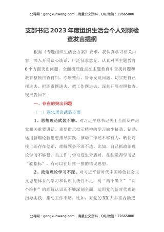 支部书记2023年度组织生活会个人对照检查发言提纲（六个方面）