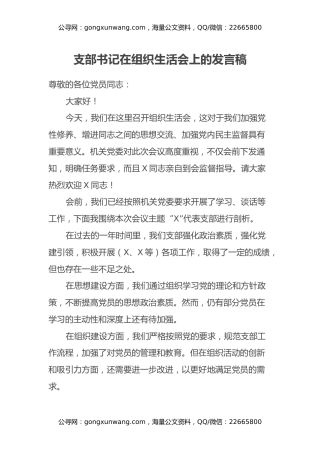支部书记在组织生活会上的发言稿