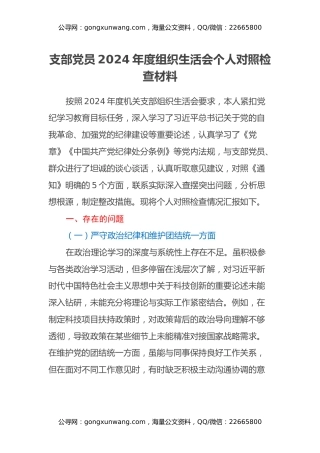 支部党员2024年度组织生活会个人对照检查材料