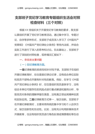 支部班子党纪学习教育专题组织生活会对照检查材料（三个对照）