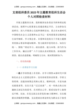 支部组织委员2023年主题教育组织生活会个人对照检查材料