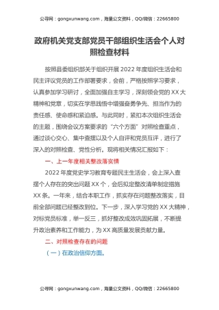 政府机关党支部党员干部组织生活会个人对照检查材料