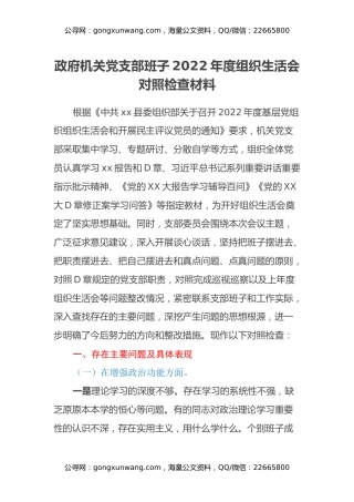 政府机关党支部班子2022年度组织生活会对照检查材料