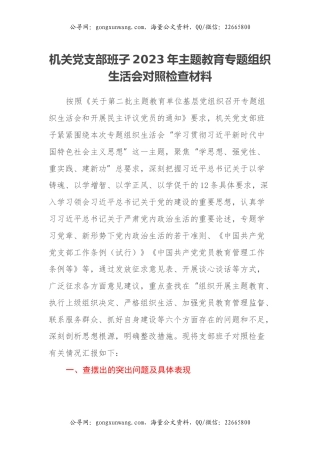 机关党支部班子2023年主题教育专题组织生活会对照检查材料（六个方面）