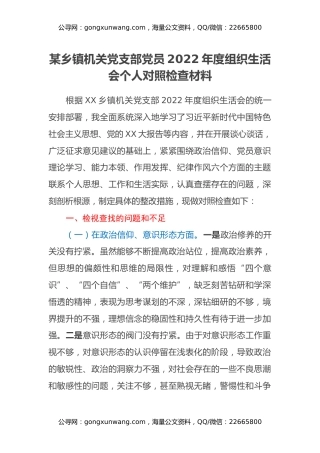 某乡镇机关党支部党员2022年度组织生活会个人对照检查材料