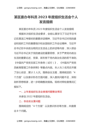 某区委办年科员2023年度组织生活会个人发言提纲
