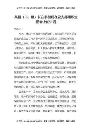 某县（市、区）长在参加所在党支部组织生活会上的讲话