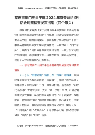 某市直部门党员干部2024年度专题组织生活会对照检查发言提纲（四个带头）