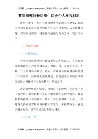 某组织部科长组织生活会个人检视材料