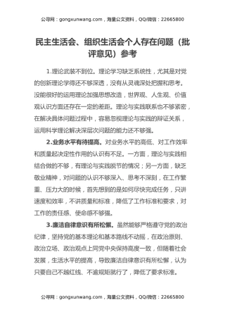 民主生活会、组织生活会个人存在问题（批评意见）参考