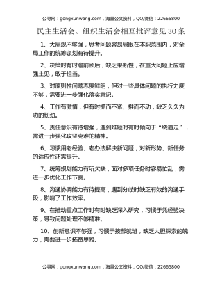 民主生活会、组织生活会相互批评意见30条