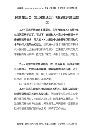 民主生活会（组织生活会）相互批评意见建议 (2)