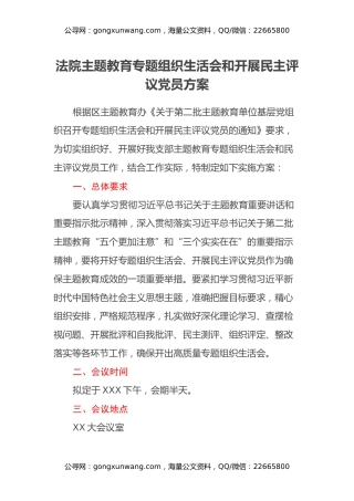 法院主题教育专题组织生活会和开展民主评议党员方案