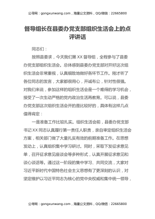 督导组长在县委办党支部组织生活会上的点评讲话