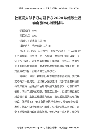 社区党支部书记与副书记2024年组织生活会会前谈心谈话材料