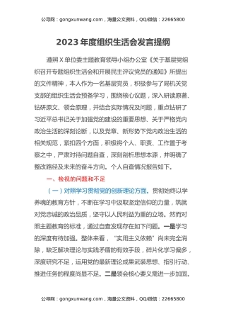 第二批2023年度主题教育组织生活会发言提纲（四个方面） (2)