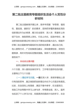第二批主题教育专题组织生活会个人党性分析材料