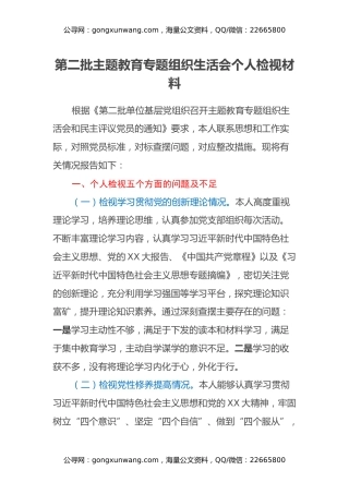 第二批主题教育专题组织生活会个人检视材料（五个方面）