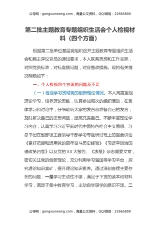 第二批主题教育专题组织生活会个人检视材料（四个方面）