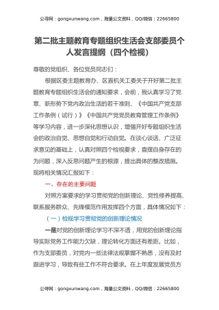 第二批主题教育专题组织生活会支部委员个人发言提纲（四个检视）