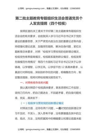 第二批主题教育专题组织生活会普通党员个人发言提纲（四个检视）
