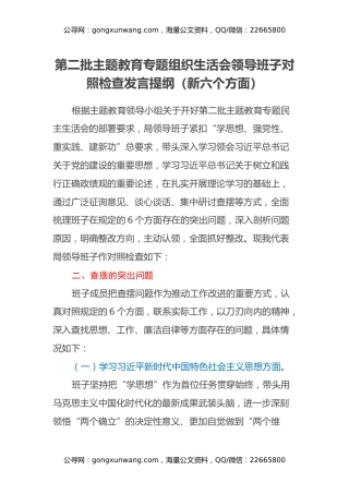 第二批主题教育专题组织生活会领导班子对照检查发言提纲（新六个方面）