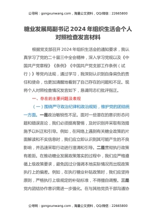 糖业发展局副书记2024年组织生活会个人对照检查发言材料