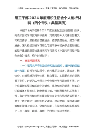 组工干部2024年度组织生活会个人剖析材料（四个带头+典型案例）