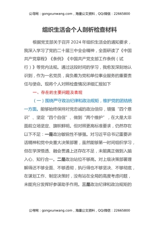 组织生活会个人剖析检查材料