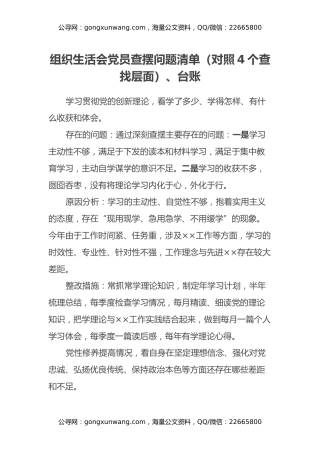 组织生活会党员查摆问题清单（对照4个查找层面）、台账