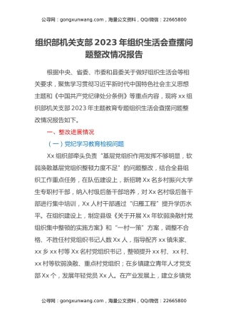 组织部机关支部2023年组织生活会查摆问题整改情况报告
