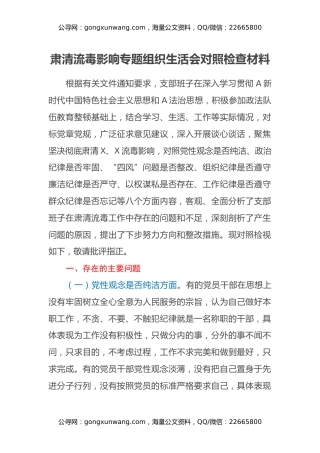 肃清流毒影响专题组织生活会对照检查材料