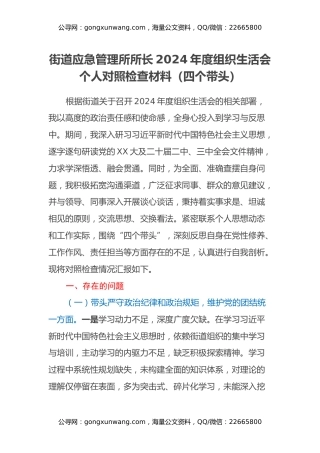 街道应急管理所所长2024年度组织生活会个人对照检查材料（四个带头）