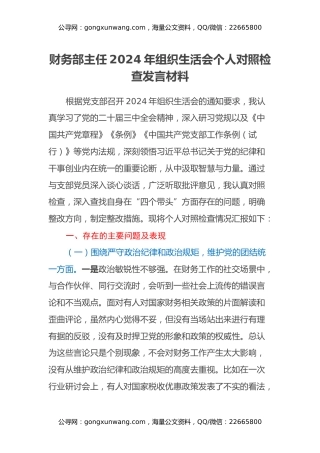 财务部主任2024年组织生活会个人对照检查发言材料
