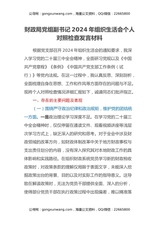 财政局党组副书记2024年组织生活会个人对照检查发言材料
