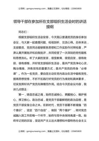 领导干部在参加所在支部组织生活会时的讲话提纲