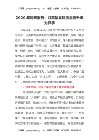 2020年调研报告：以基层党建质量提升年为抓手