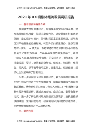 2021年XX镇集体经济发展调研报告