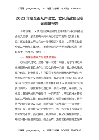 2022年度全面从严治党、党风廉政建设专题调研报告