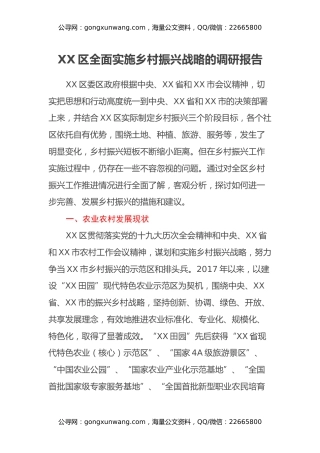 XX区全面实施乡村振兴战略的调研报告