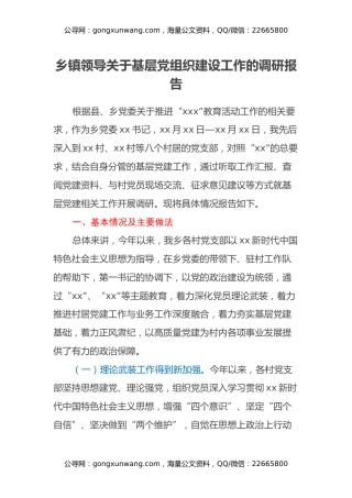 乡镇领导关于基层党组织建设工作的调研报告