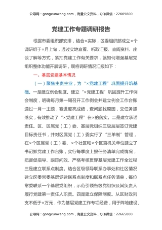 党建工作专题调研报告