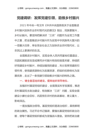 党建调研：发挥党建引领，助推乡村振兴