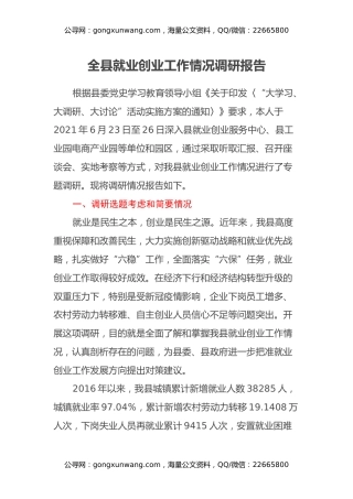 全县就业创业工作情况调研报告