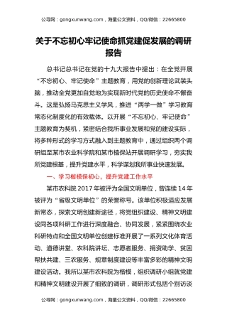 关于不忘初心 牢记使命抓党建促发展的调研报告