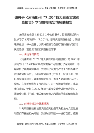镇关于《河南郑州“7.20”特大暴雨灾害调查报告》学习贯彻落实情况的报告
