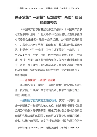 关于实施”一肩挑”后加强村”两委”建设的调研报告