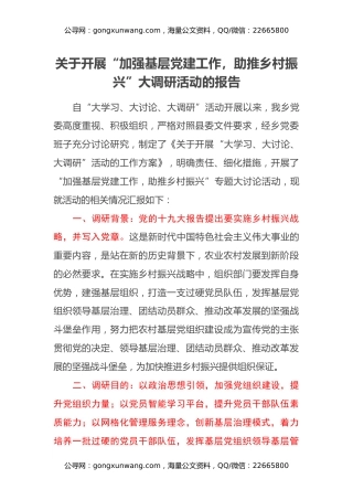 关于开展“加强基层党建工作，助推乡村振兴”大调研活动的报告